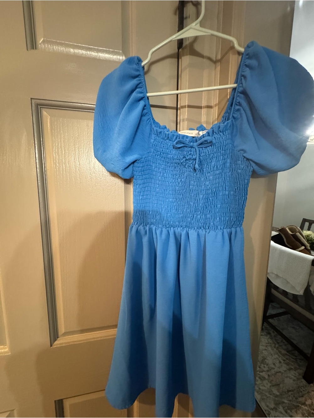 Altar'd State Blue Smocked Midi Dress with Puff Sleeves - Picture 2 of 3